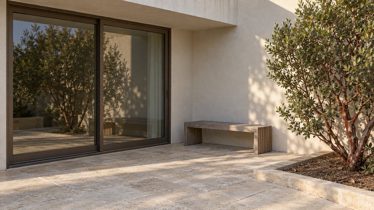 Covered patio with pale stucco, a bronze-framed sliding glass door, weathered teak bench, limestone paving and a sculptural manzanita.