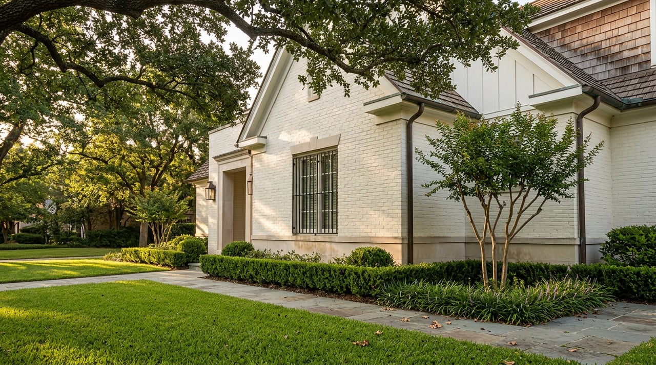 Ivory brick home beneath a spreading live oak, with a bluestone path crossing a deep lawn.