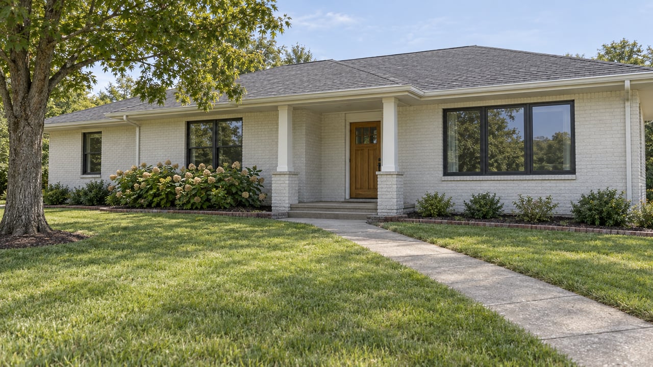 Updated white-painted brick ranch with a recessed porch, dark-framed windows, deep lawn and an edged planting bed in afternoon light.