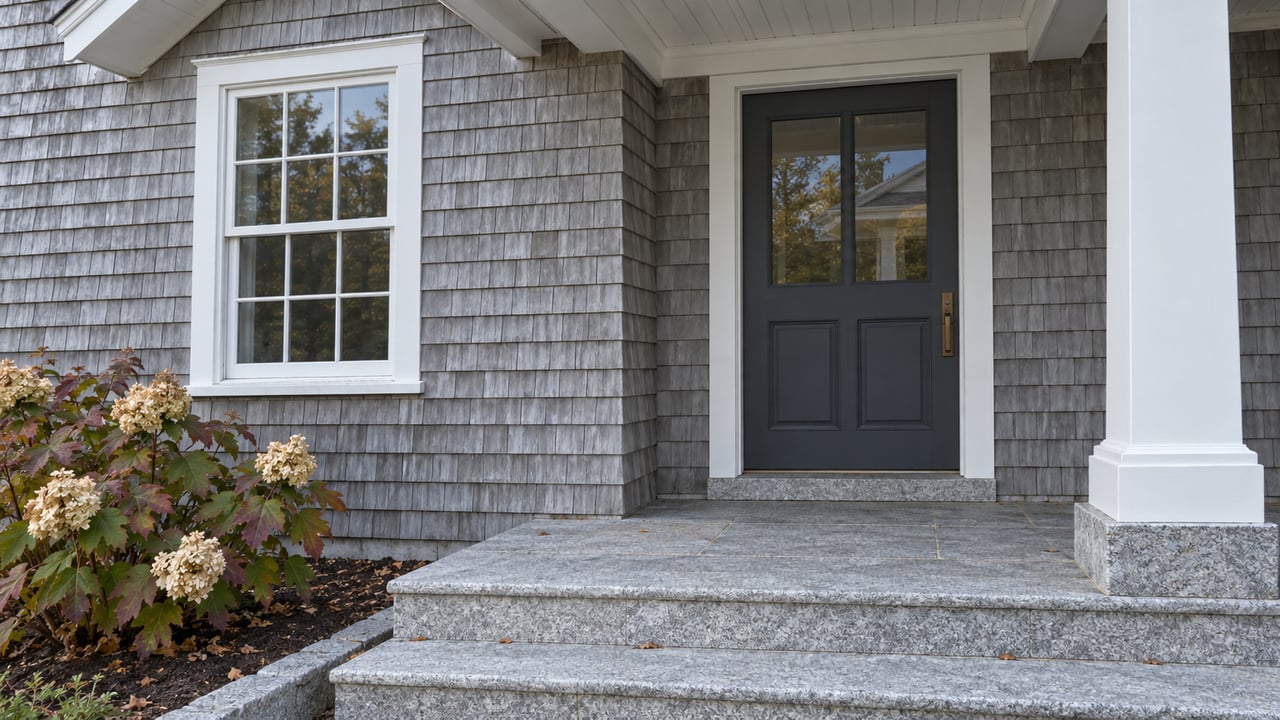 Close view of a silver-gray cedar-shingled entrance with a white porch column, charcoal door, granite steps and autumn oakleaf hydrangea.