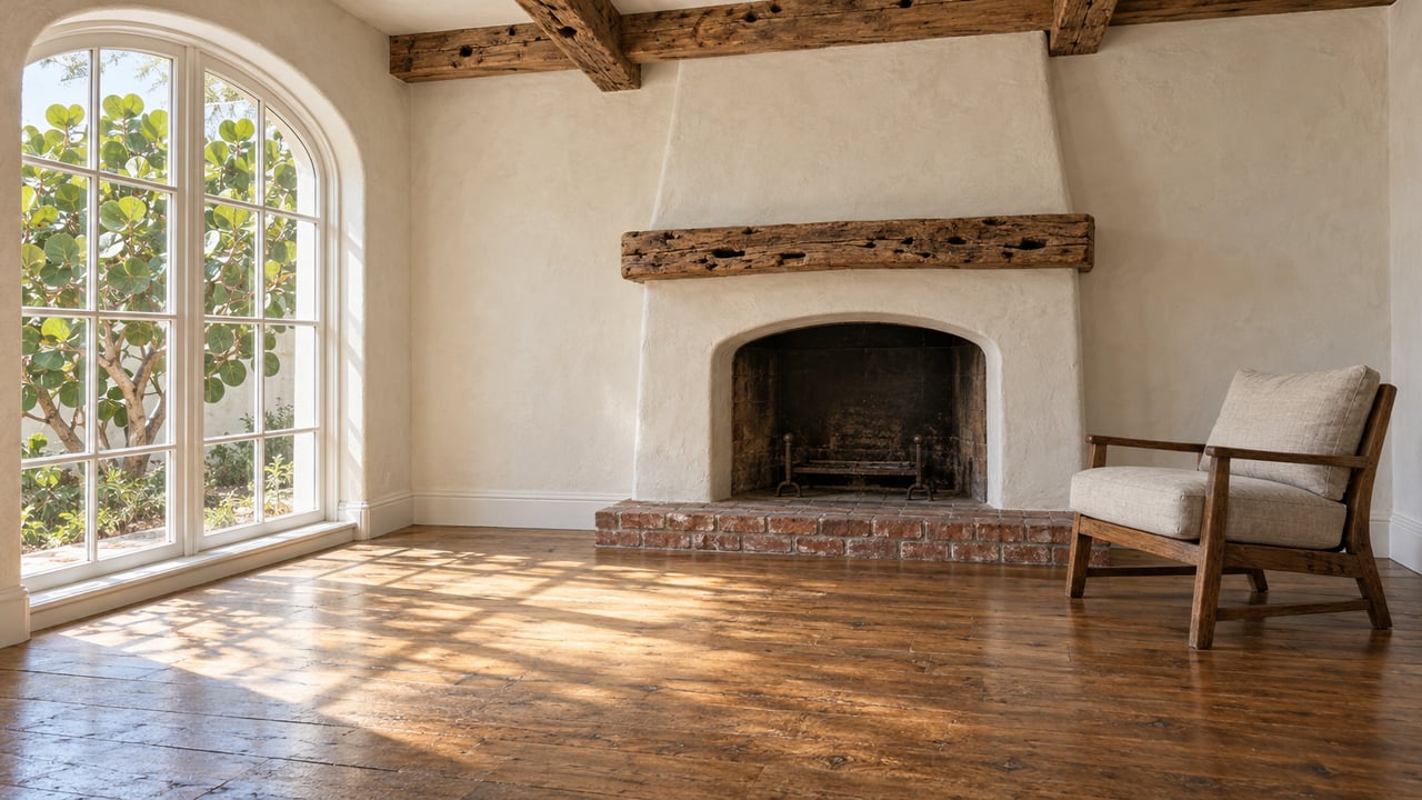 Sunlit restored living room with an arched window, plaster fireplace, brick hearth, pecky cypress beams, and worn oak flooring.