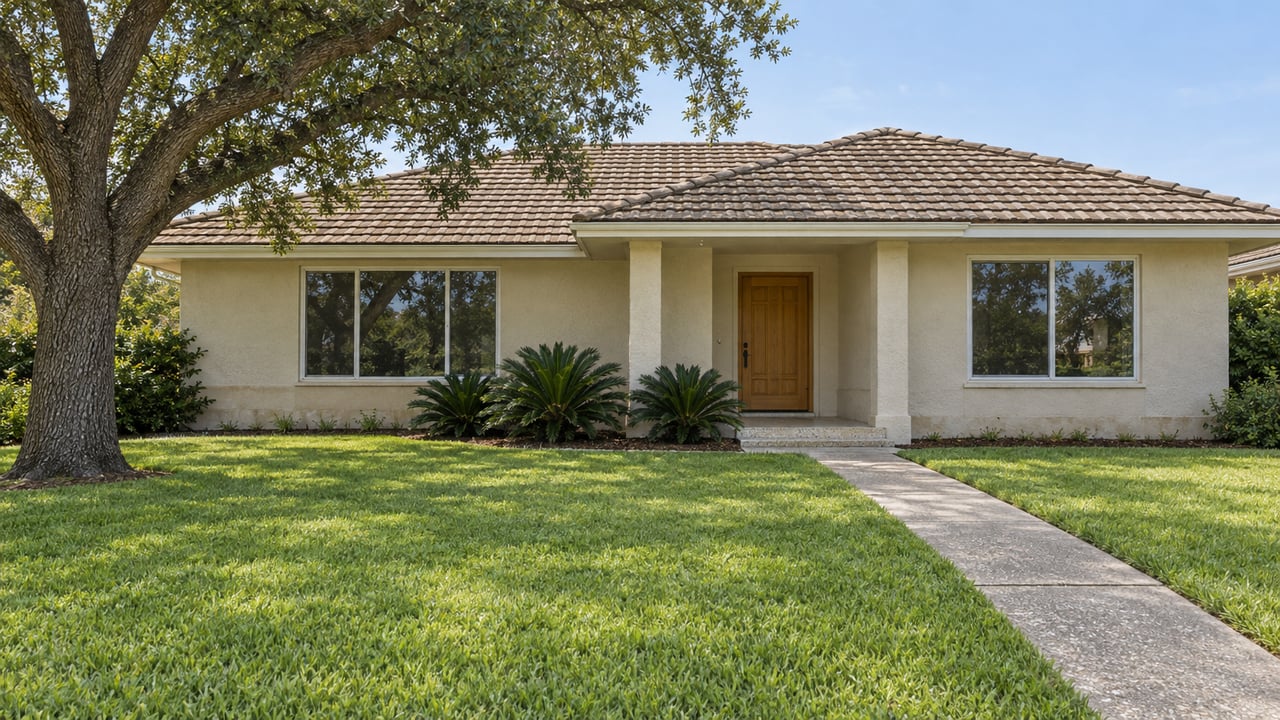 Cream stucco single-story home with a sand-colored hipped tile roof, recessed entry and deep lawn beneath a spreading live oak.