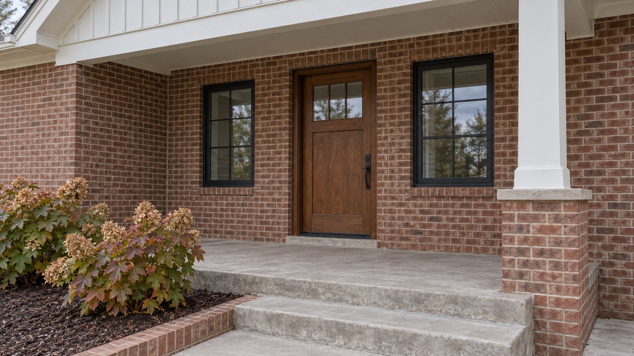 Covered brick porch with a stained oak front door, paired black-framed windows, weathered concrete steps and autumn oakleaf hydrangeas.