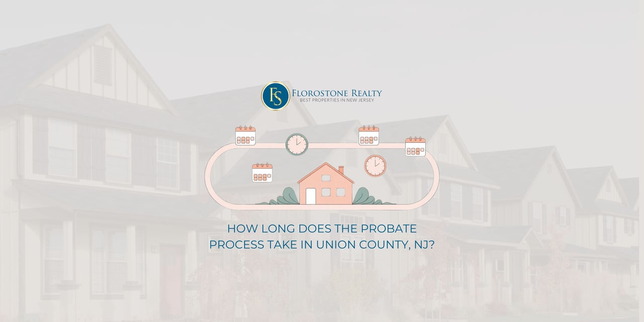 Illustration of a house with clocks and calendars showing probate timeline in Union County NJ