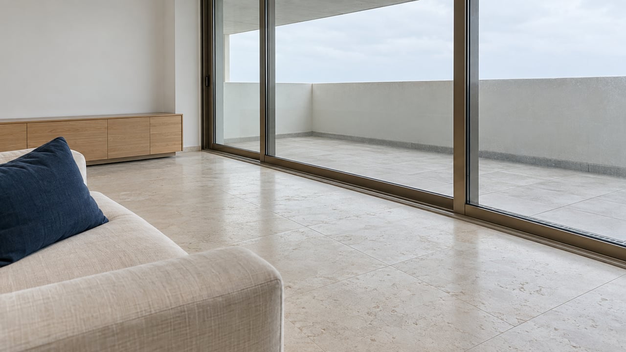 Cream linen sofa with a navy cushion beside a glass wall opening onto a shallow terrace.