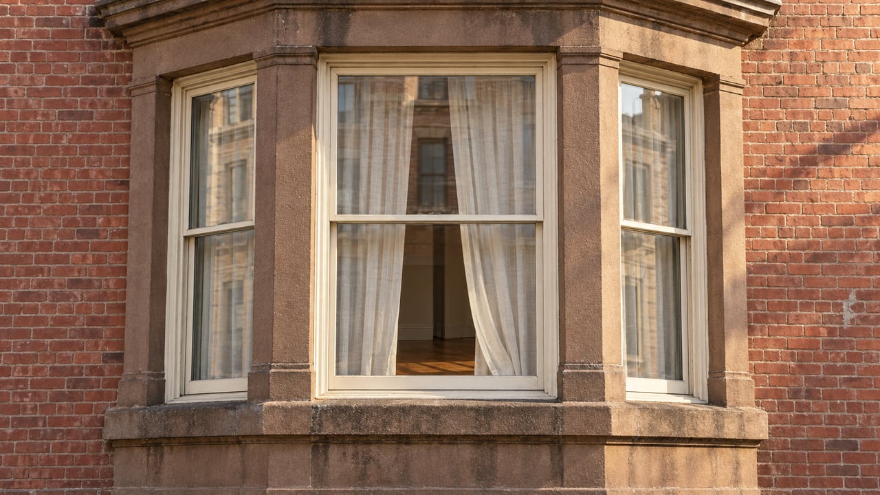 Warm afternoon light across a brownstone window bay with cream sash windows, linen curtains, and weathered red brick.