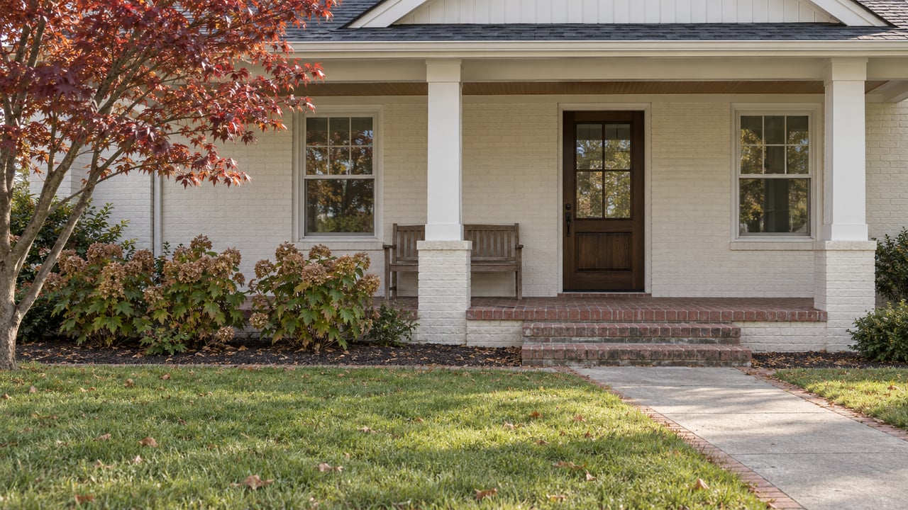 Painted-brick home with a covered porch, oak front door, brick steps and autumn garden beside a deep front lawn.