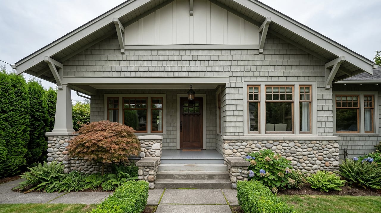 Craftsman-style home with a steep gable, stone porch base, and bronze-red maple beside the steps.