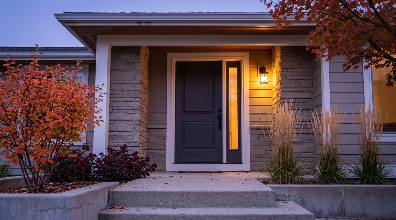 Recessed charcoal entry door with warm sidelight, stone jambs, concrete steps, and orange-red fall foliage.
