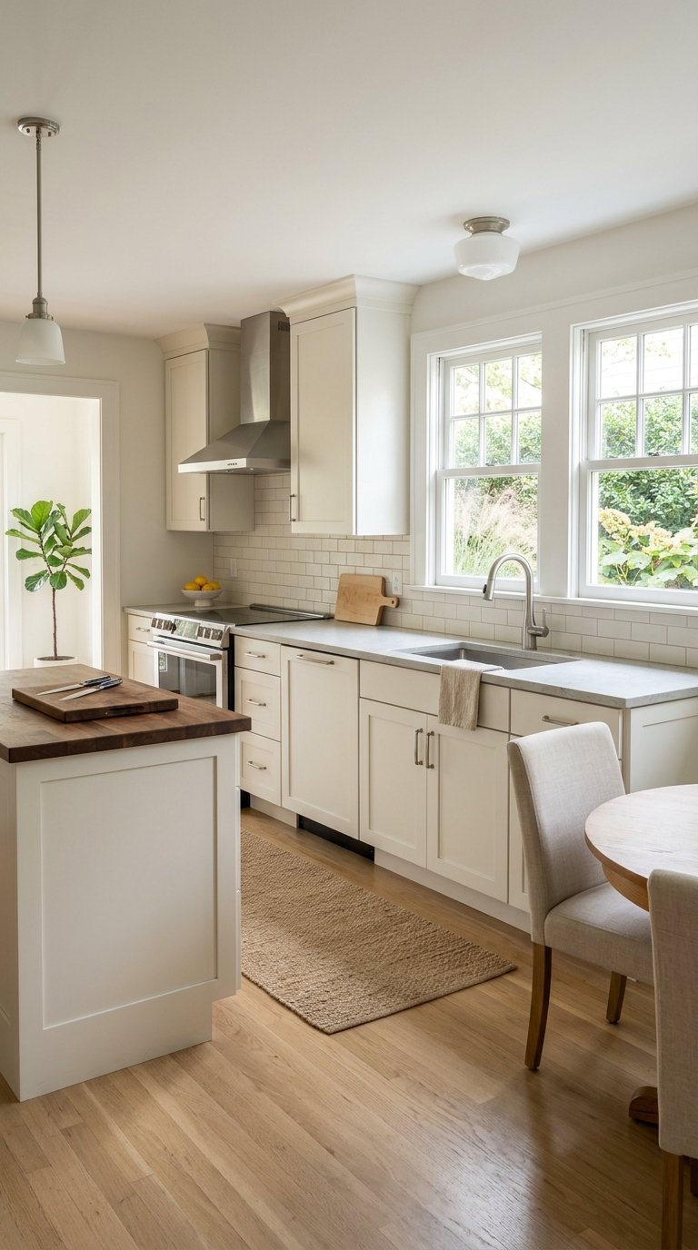 Kitchen nook with oak floors, honed quartz counters, and windows facing brick pavers and shrubs.