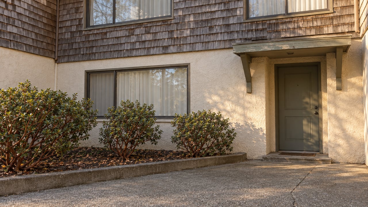 An older apartment entry court with weathered cedar shingles, cream stucco, bronze-framed windows and manzanita shrubs in a raised concrete bed.