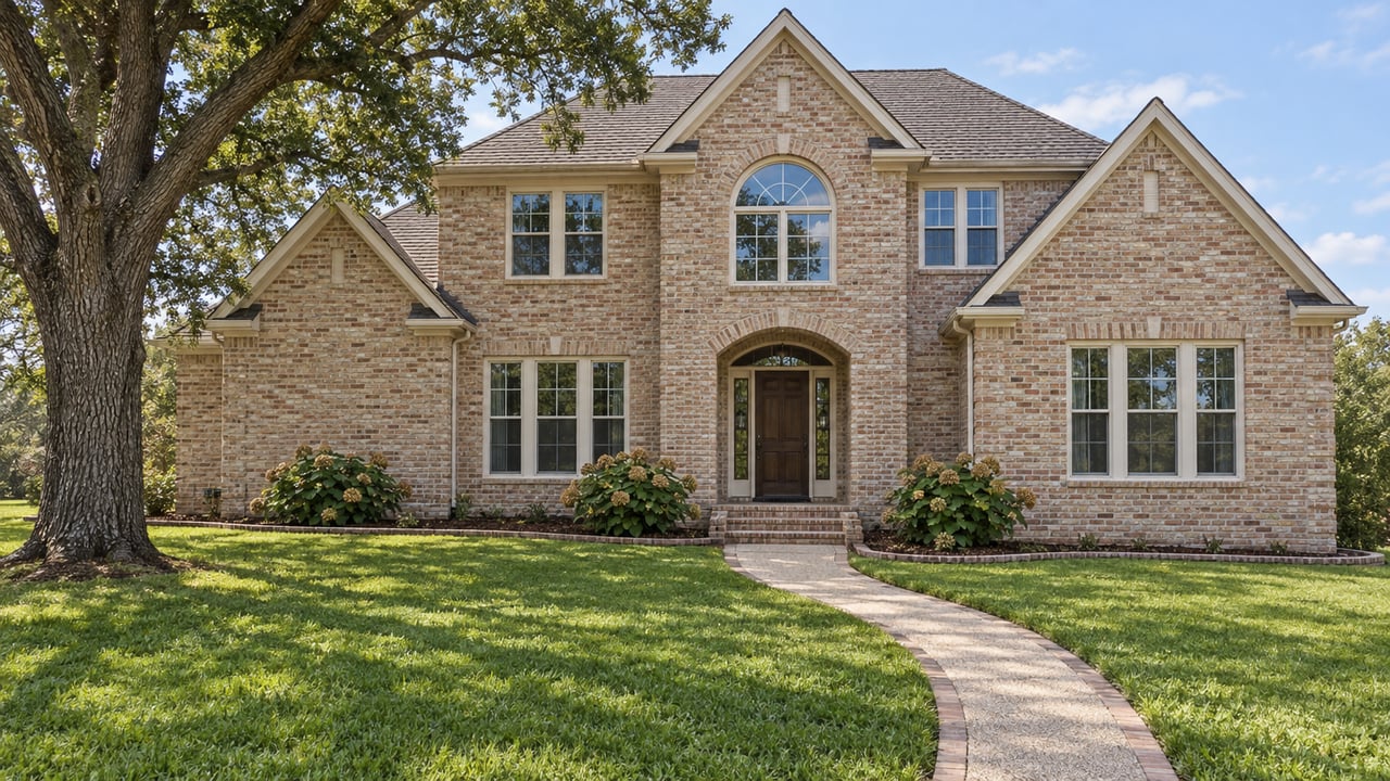 Two-story buff-brick home with cream-trimmed windows, arched entry, deep lawn and a mature spreading oak in daylight.