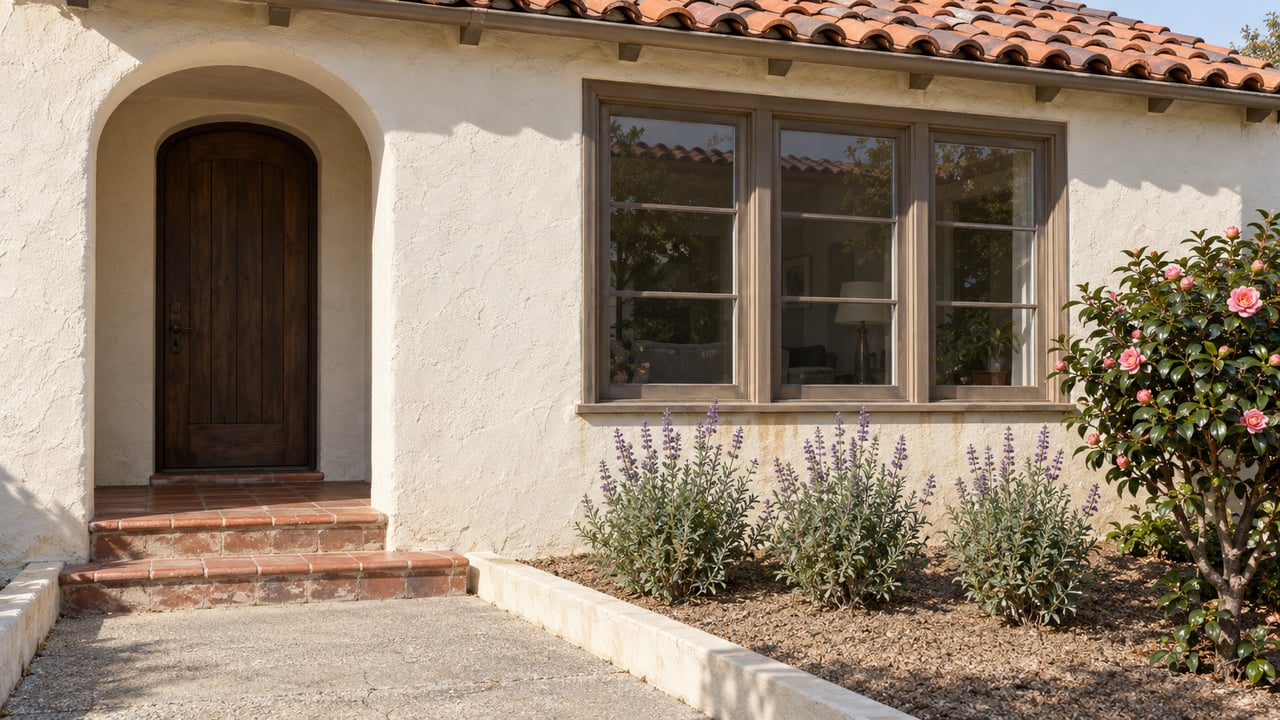 Ivory stucco house with a red tile roof, recessed arched oak entry, brown casement window and weathered terracotta steps.