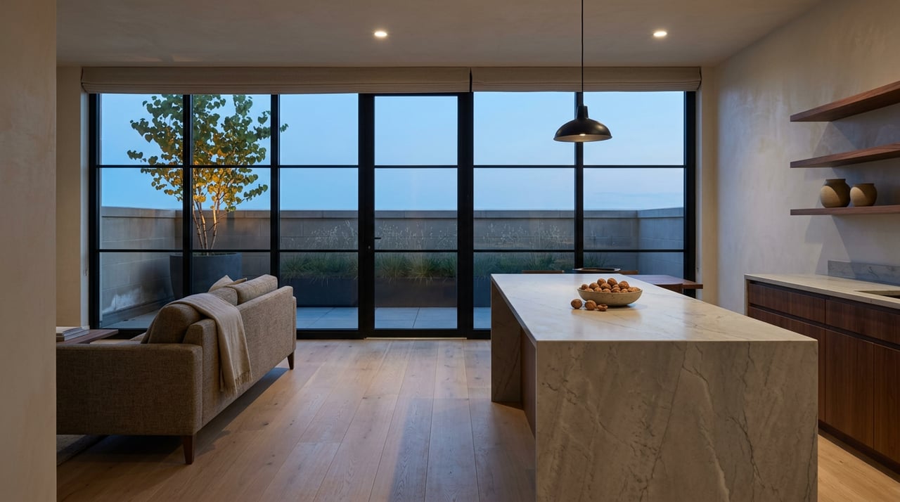 Condominium great room with oak floors, a quartzite kitchen island, low sofa, and glass doors opening onto a planted terrace.