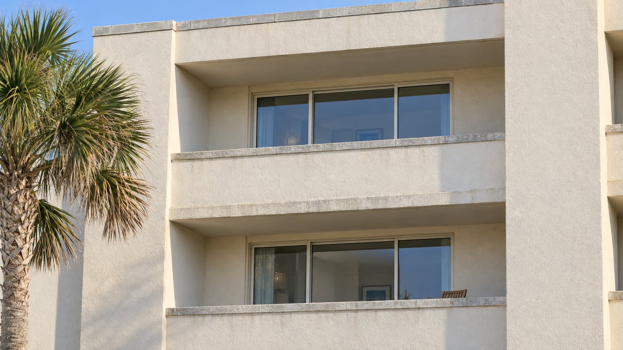Sunlit off-white condominium facade with two recessed balconies, closed glass sliding doors and a mature palm at the edge.