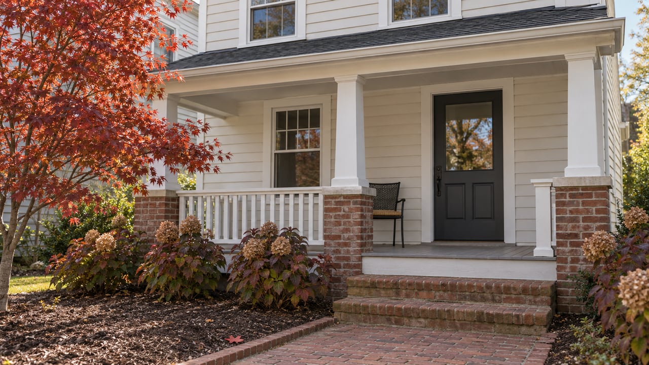 An off-white clapboard house with a raised front porch, brick steps, charcoal door, and copper-red autumn foliage.