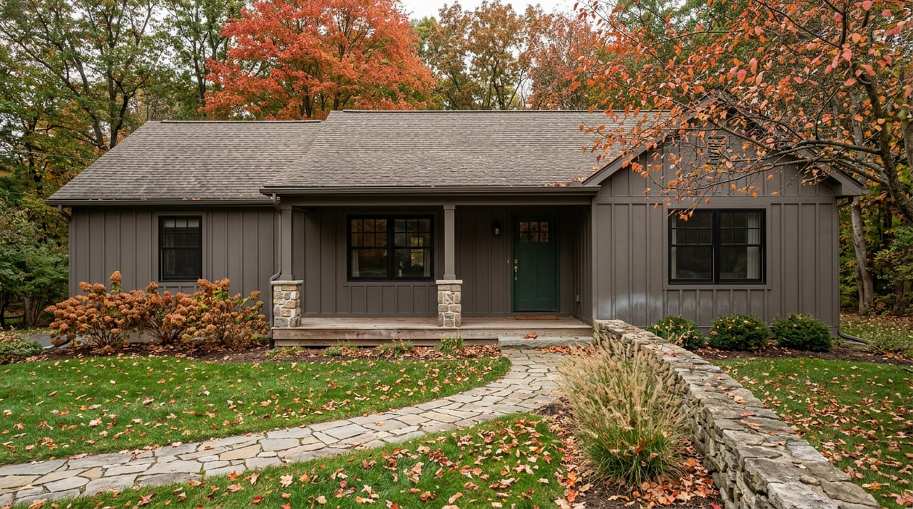 Charcoal-gray home with a green entry door, fieldstone walkway, and red-orange autumn trees.