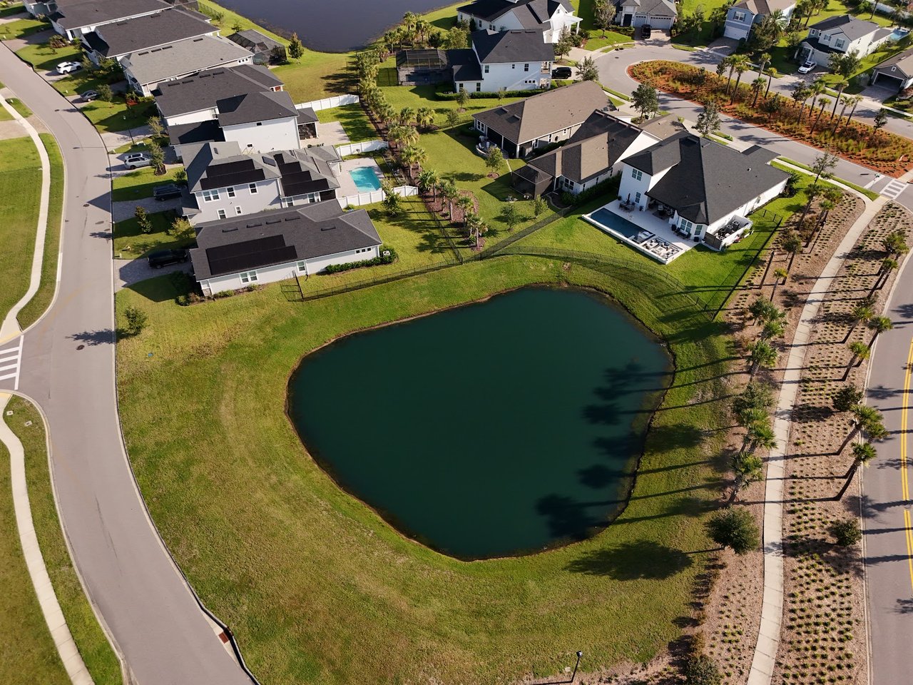 Aerial view of homes around a pond, with landscaped yards and curving neighborhood streets.