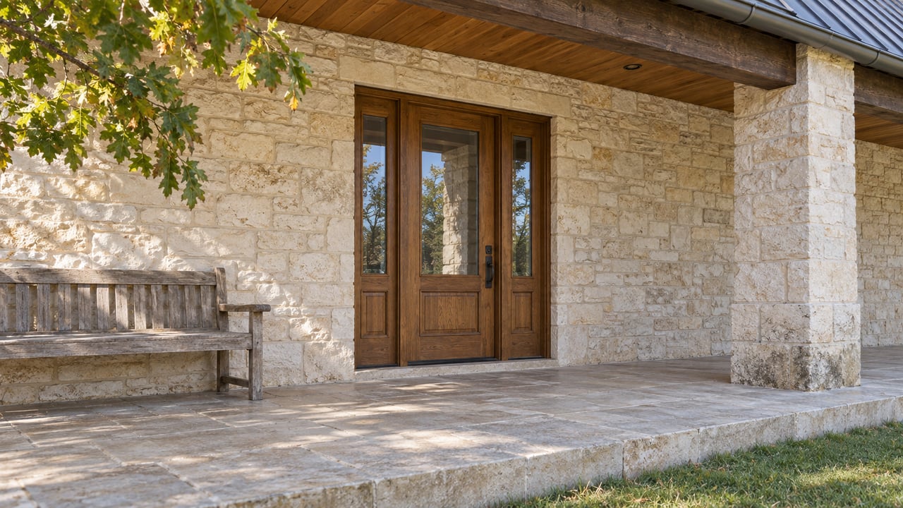 Morning light on a limestone porch with a glazed oak entry, matching sidelights and a worn wooden bench.