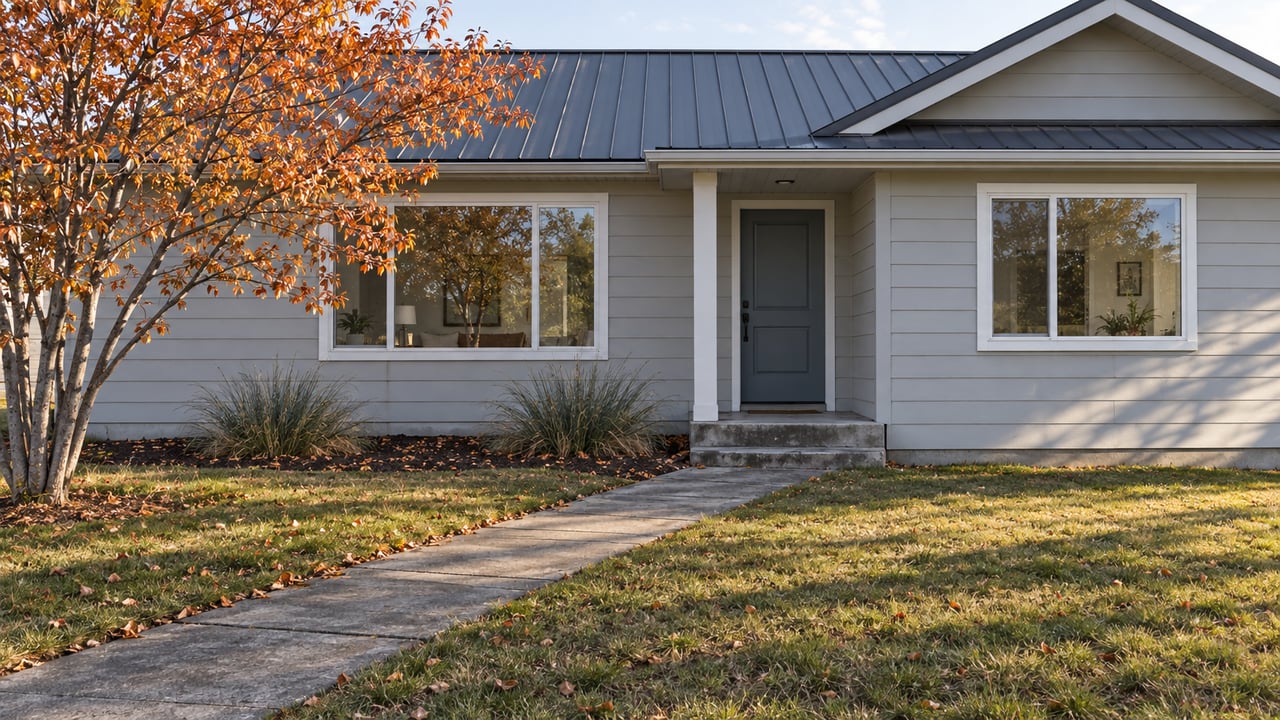 Gray gable house with a slate door, concrete walkway, and copper-orange tree in the front lawn.
