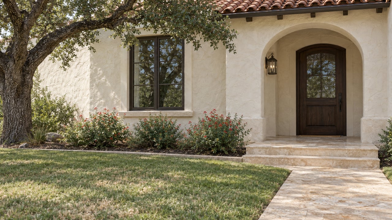 Cream stucco home with a sheltered arched entry, terracotta roof, limestone path and established live oak beside a front lawn.