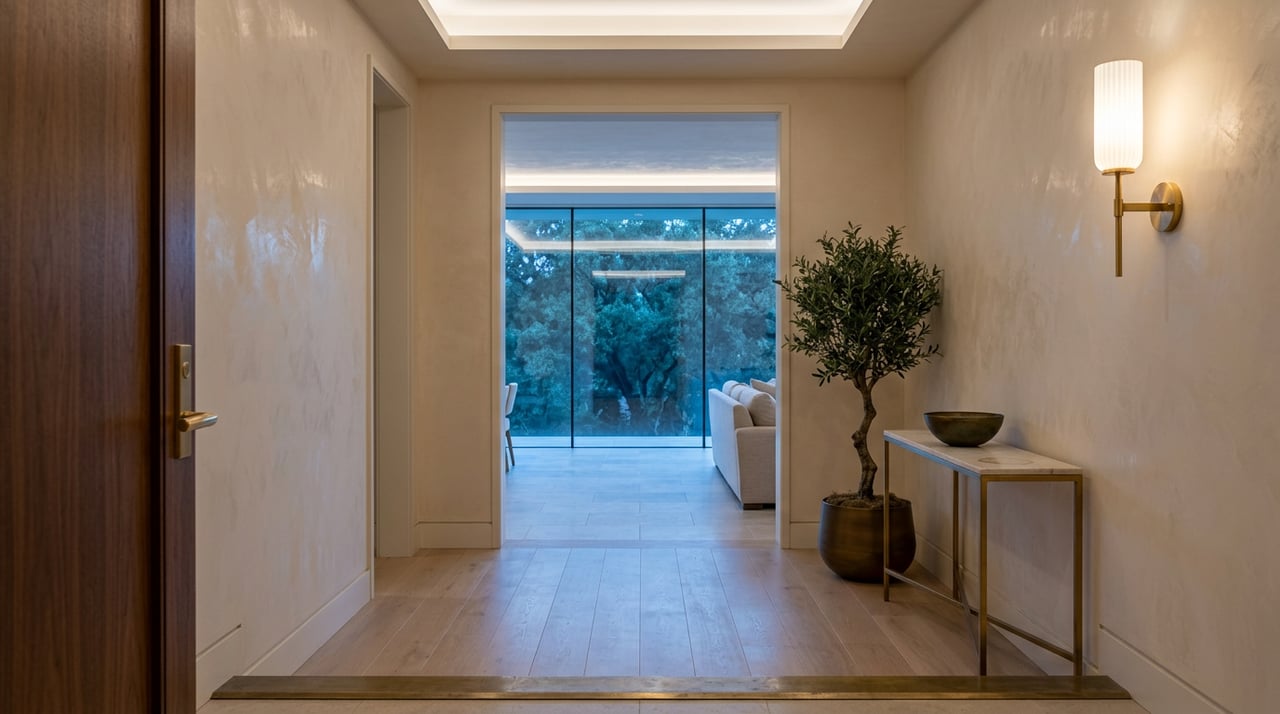 Condominium entry hall with a glowing brass sconce, olive tree, and distant blue-lit windows.