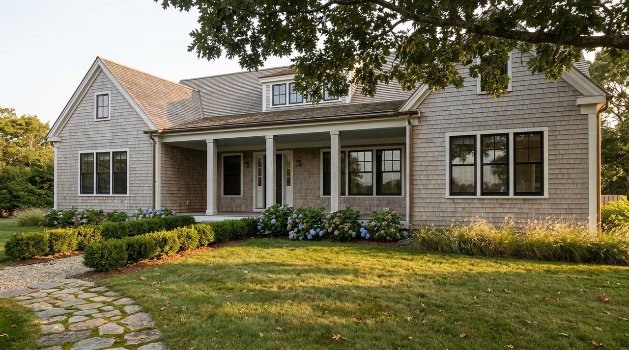 Weathered cedar-shingle home with a covered porch, fieldstone path, boxwood hedges, and long shadows across the lawn.