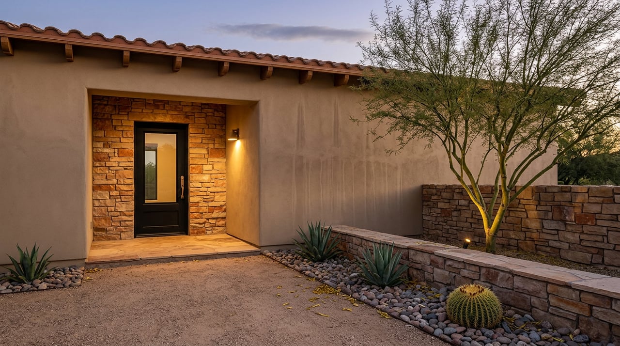 Desert home entry with a black steel door, flagstone alcove, and palo verde at dusk.