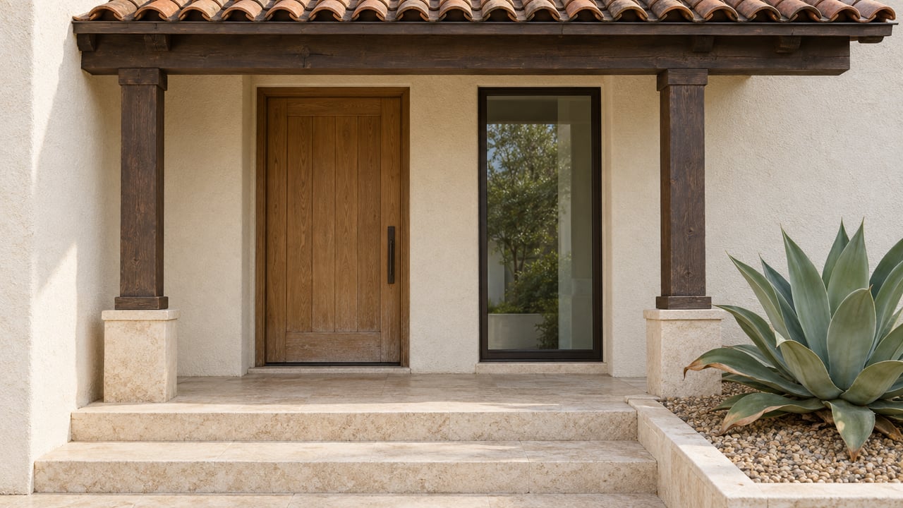 Close view of a warm stucco home's timber porch, closed oak front door, limestone steps and a single blue-green agave.