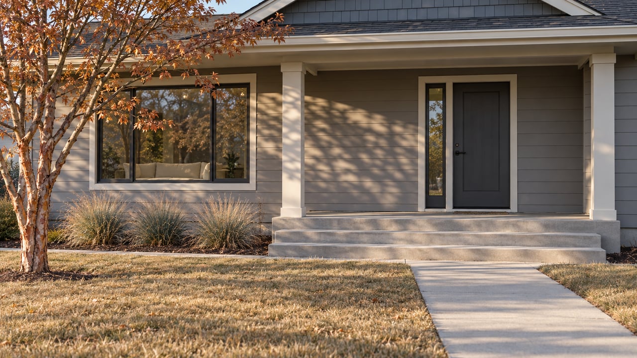 Late-autumn sunlight on a gray-sided home's covered entry, concrete approach and copper-leaved paperbark maple.