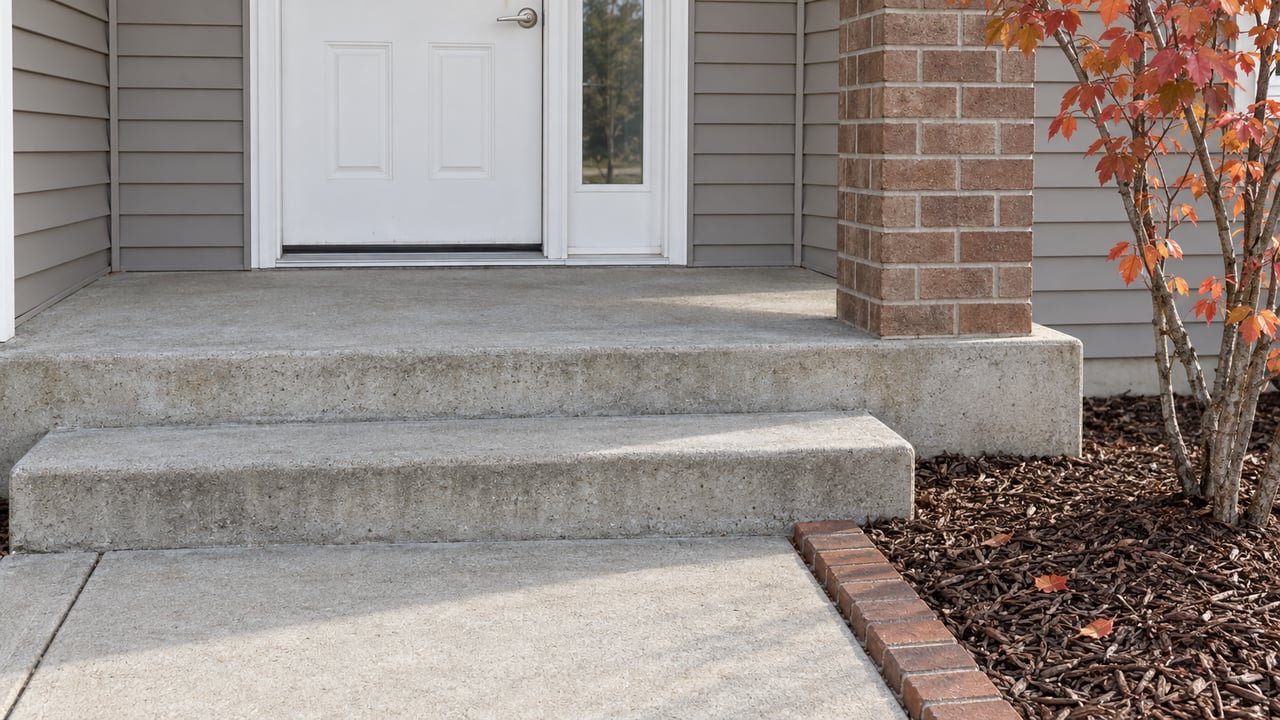White residential entry with greige siding, a red-brown brick porch support, concrete steps and orange serviceberry leaves.