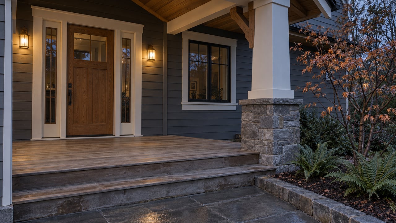 A covered porch at blue hour with graphite siding, an oak front door, warm bronze sconces, cedar steps and a small fern garden.