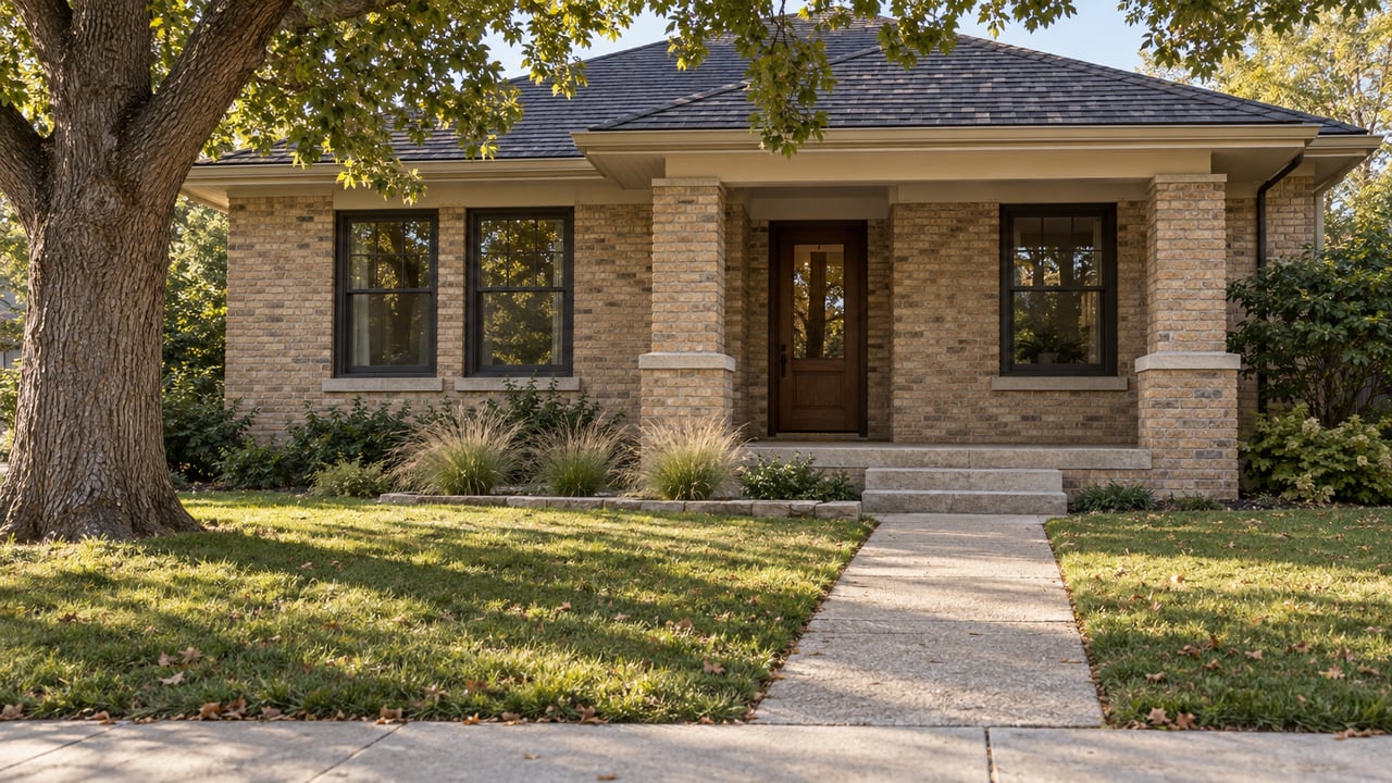 Updated brick bungalow behind a lawn, with a concrete approach, limestone steps, and a mature oak.