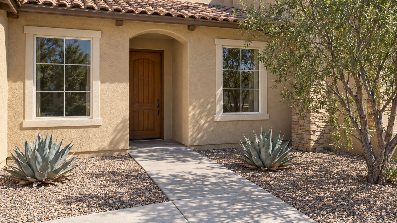 Sunlit stucco home entry with a brown tile roof, paired windows, a diagonal concrete walk, a desert willow and two blue-gray agaves.