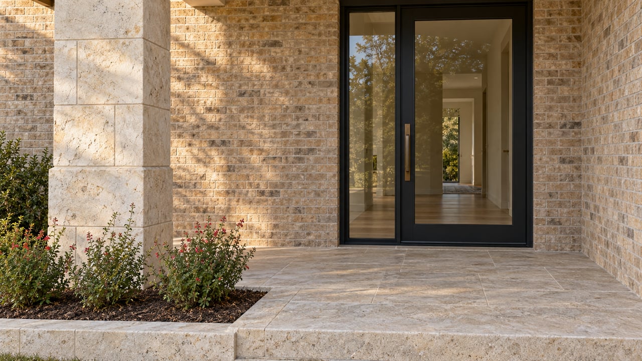 Evening light grazing limestone and warm brick beside a closed black-framed glass entry door and a small flowering sage bed.