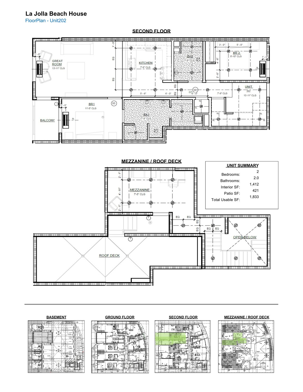 La Jolla Beach House Unit 202 floor plan showing the second floor, mezzanine, and roof deck.