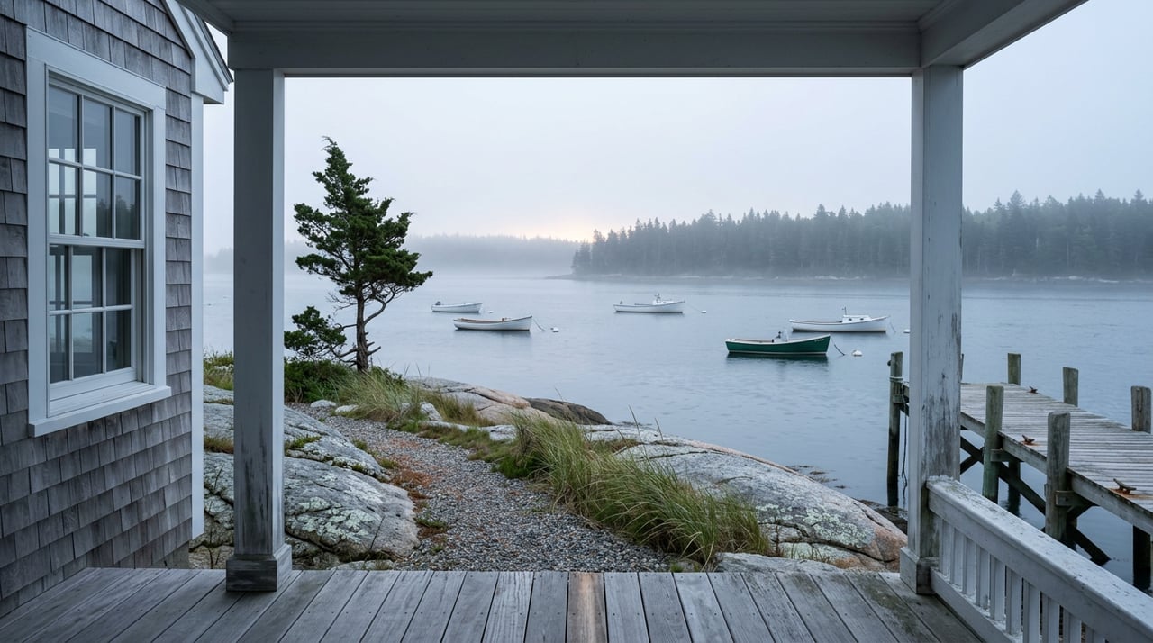 Foggy tidal cove with four moored boats and a weathered pier, viewed between porch posts above a granite ledge.