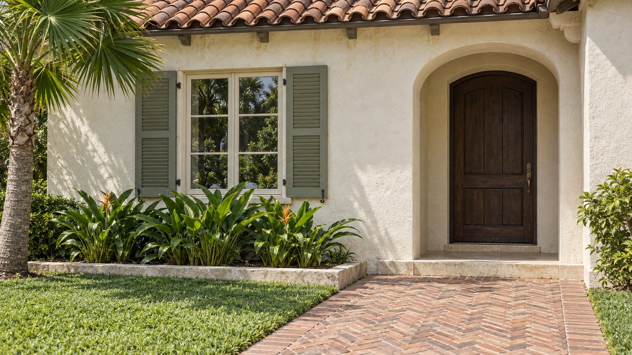Ivory stucco home with a terracotta roof, arched timber entry, sage shutters and a brick walk bordered by tropical planting.