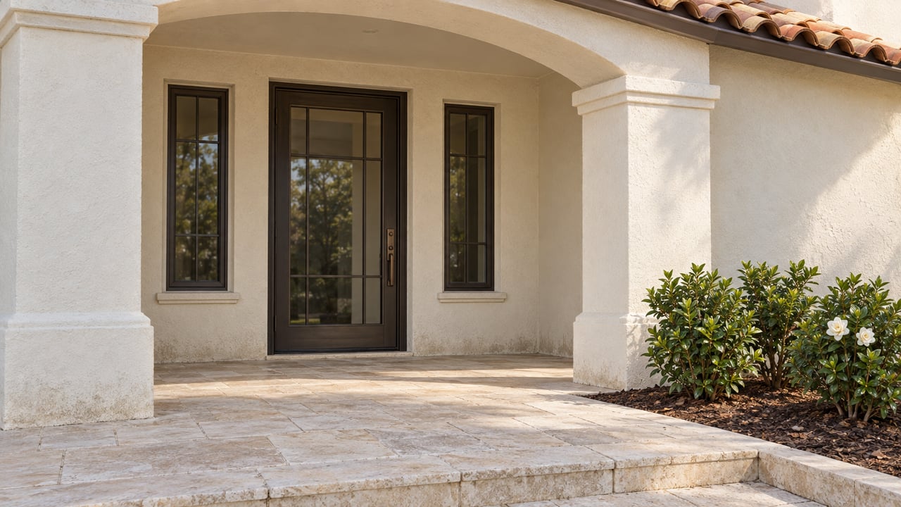 Cream stucco entry porch with terracotta roof tiles, dark glazed door, paired windows and a limestone landing beside flowering gardenias.