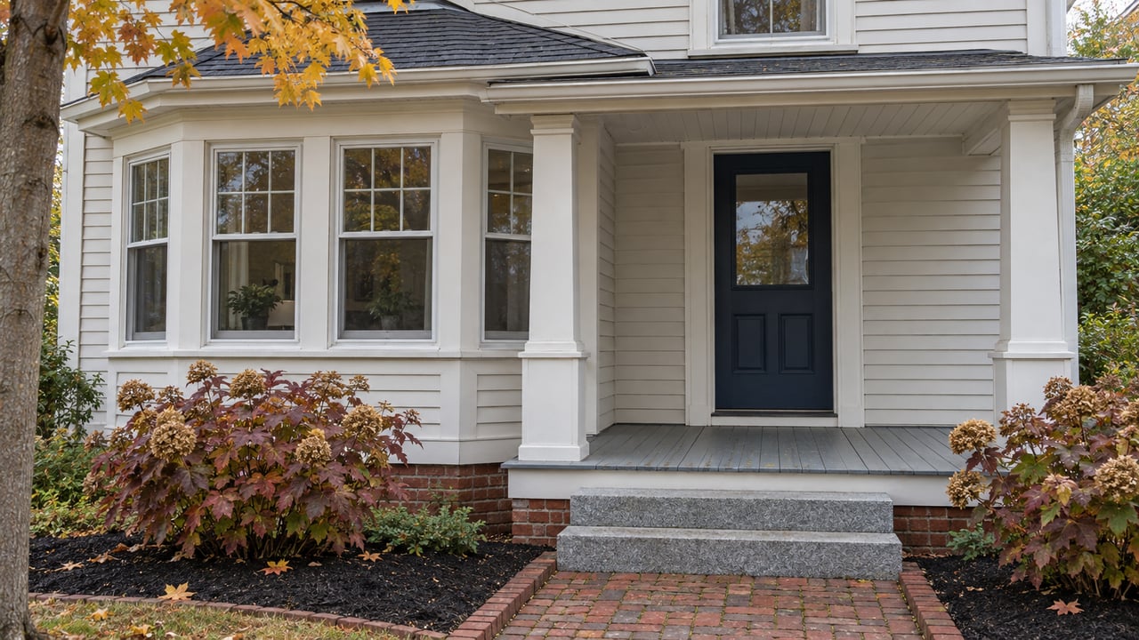 White clapboard home with an indigo front door, a projecting bay window, granite porch steps, and a short brick approach edged by autumn oakleaf hydrangeas.