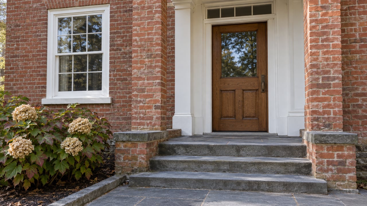 Historic red-brick home entrance with white timber trim, an oak door, bluestone steps, and an oakleaf hydrangea.