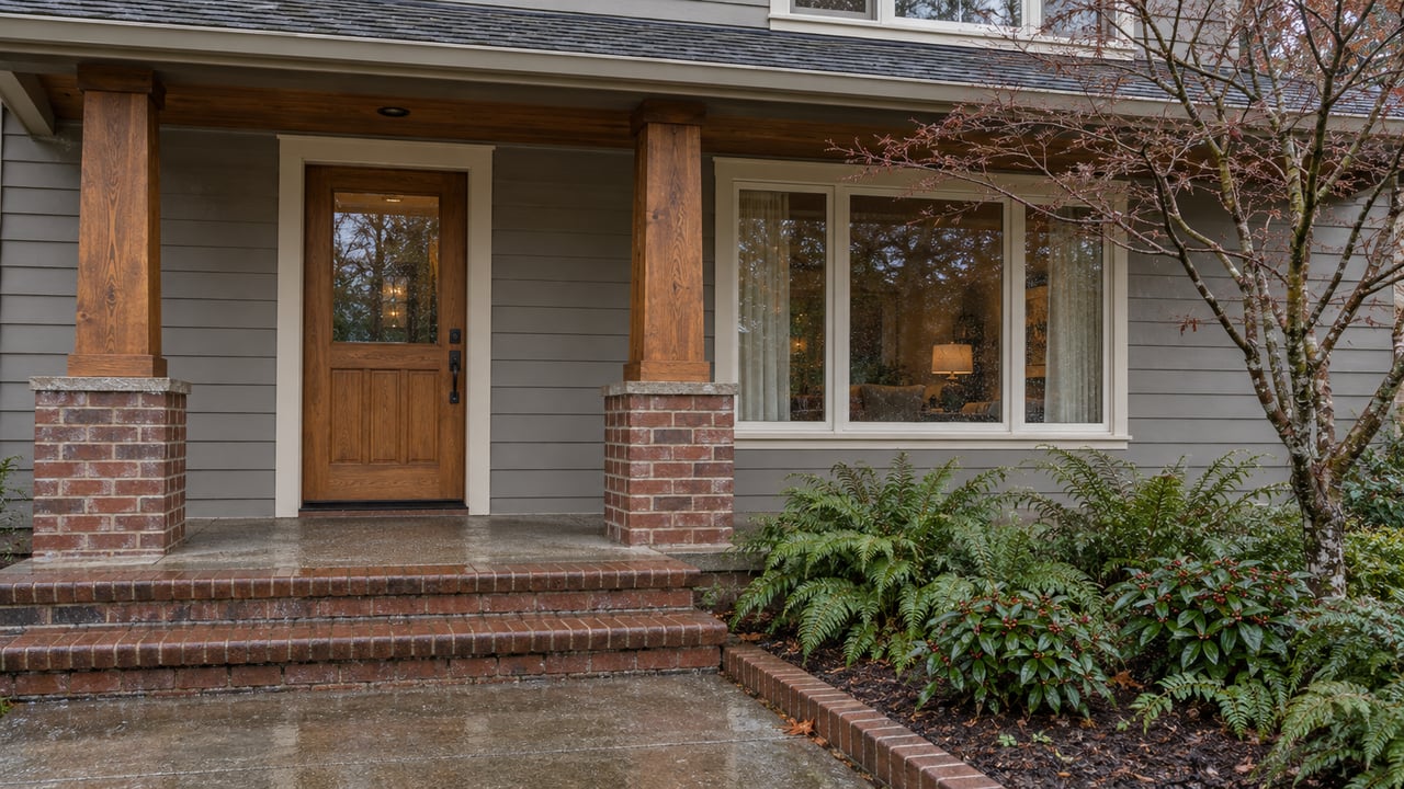 Rain-darkened brick steps lead to a sheltered cedar porch beside a broad window and a planted bed of sword ferns and salal.