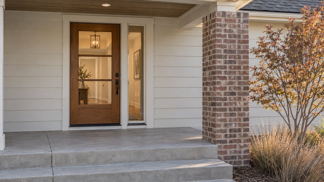 Oak front door with a narrow glass sidelight, brick pier, and copper-leaved shrub on a porch.