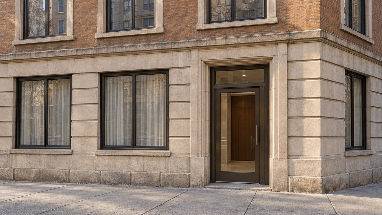 Warm afternoon light rakes a limestone and brick apartment facade with bronze-framed windows and a glazed residential entrance.