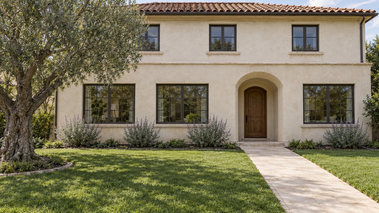 Warm ivory stucco home with a clay tile roof, bronze-framed windows, an arched oak entry, and a deep lawn beside a limestone approach and mature olive tree.