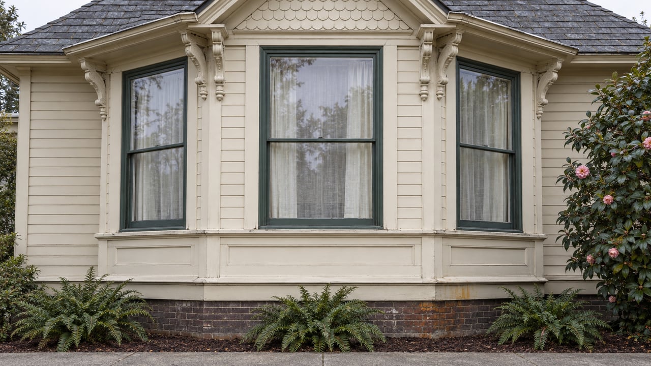 Ivory timber cottage with a three-window bay, green sash frames, slate roof, and brick foundation.