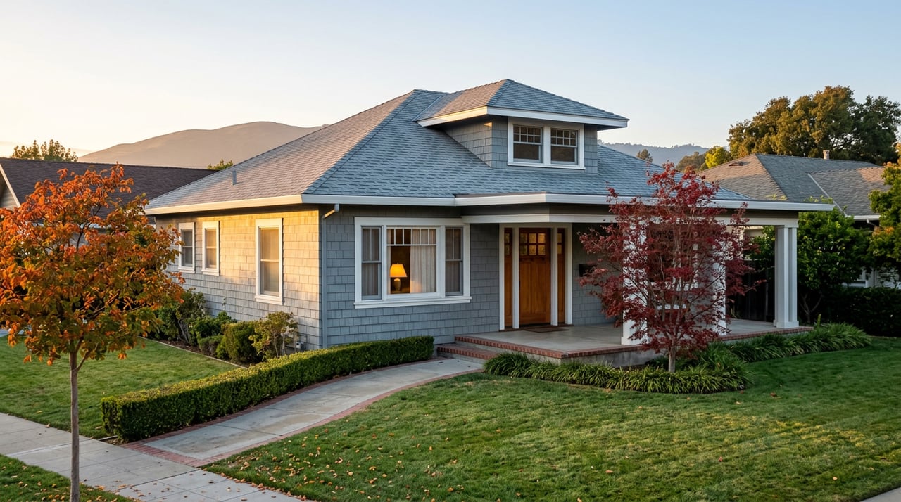 Gray shingle-sided home with a dormer, deep lawn, curved walkway, and orange-red autumn trees.