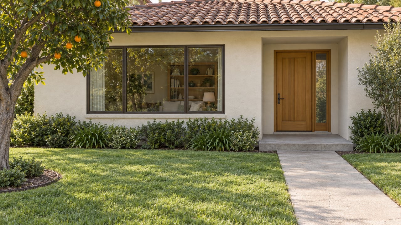 An ivory stucco home with a red clay tile roof, bronze-framed windows and a recessed timber entrance beyond a lawn and concrete walkway, beside a mature orange tree.