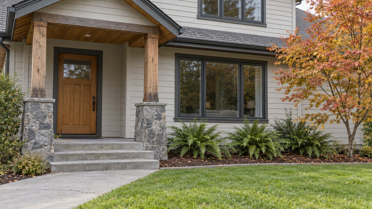 Covered front porch with cedar posts, light lap siding, basalt accents and an autumn vine maple beside a tidy lawn.