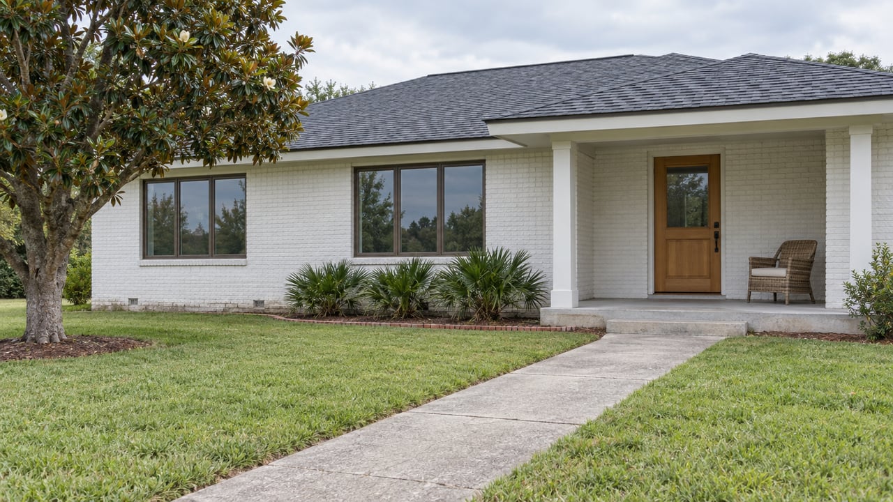 Single-story white brick home with a covered porch, brown door, and walkway across the lawn.